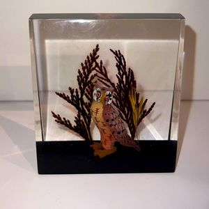 Vintage Carved Painted wood Owl in Lucite Unique made in Canada